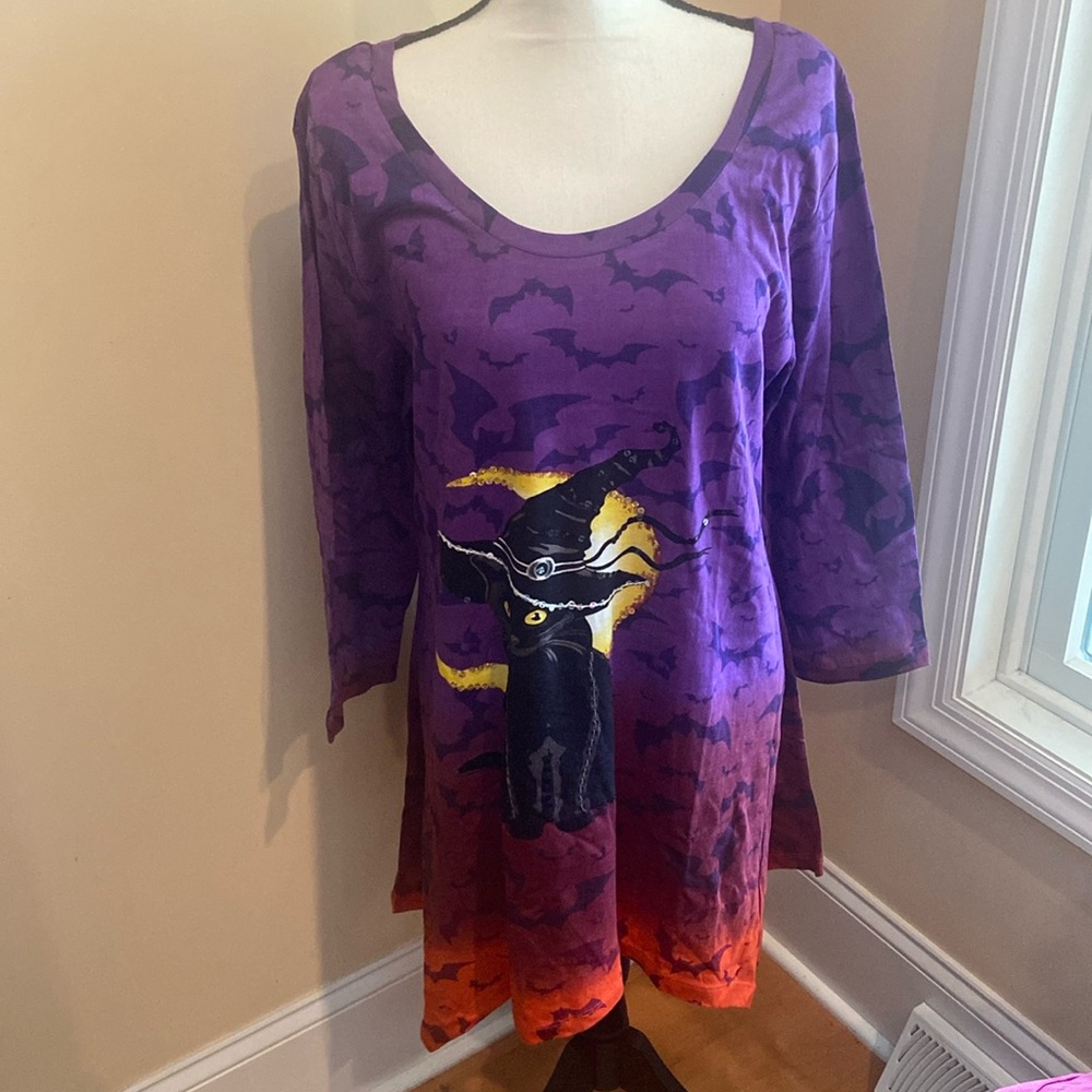 COLLECTIONS ETC NEW Size XL Halloween Tunic Black Cat In Witch Hat With Sequins